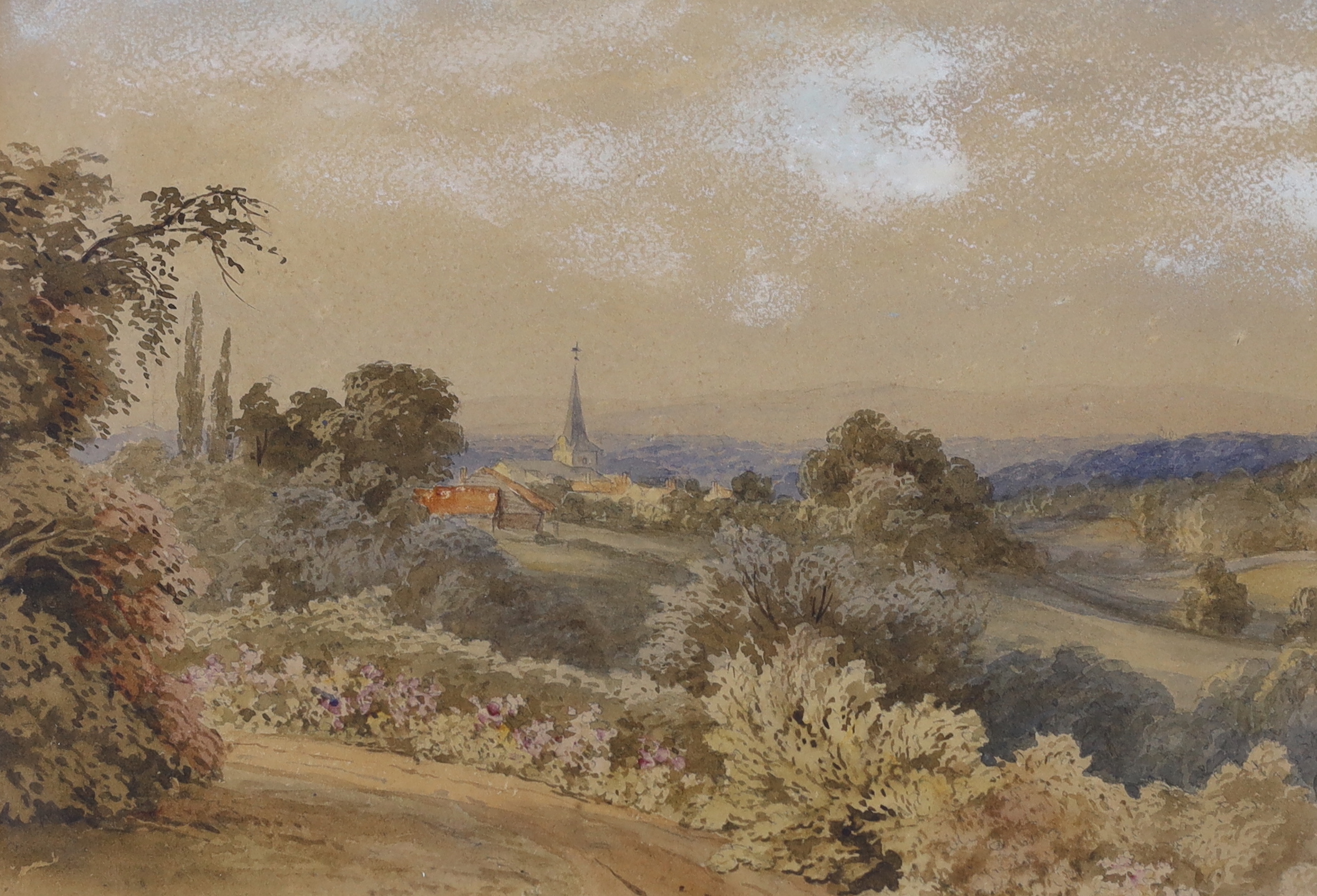 Late 19th / early 20th century English School, pair of watercolours, Landscapes before church spires, 22 x 32cm